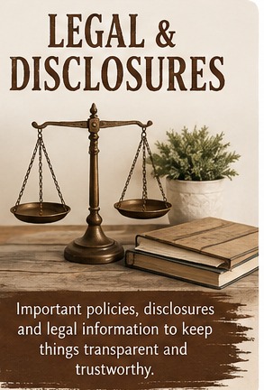 Legal & Disclosures card: brass scales of justice beside books