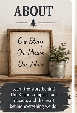 About card: framed sign reading our story, our mission, our values